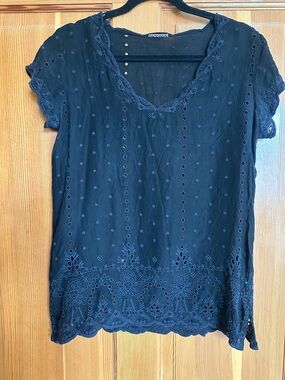 Johnny Was Black Eyelet Lace Trim Blouse